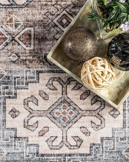 nuLOOM Emani Machine Washable Medallion Ultra Thin Area Rug, 8' x 10', Beige - LeafyLoom