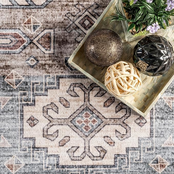 nuLOOM Emani Machine Washable Medallion Ultra Thin Area Rug, 8' x 10', Beige - LeafyLoom