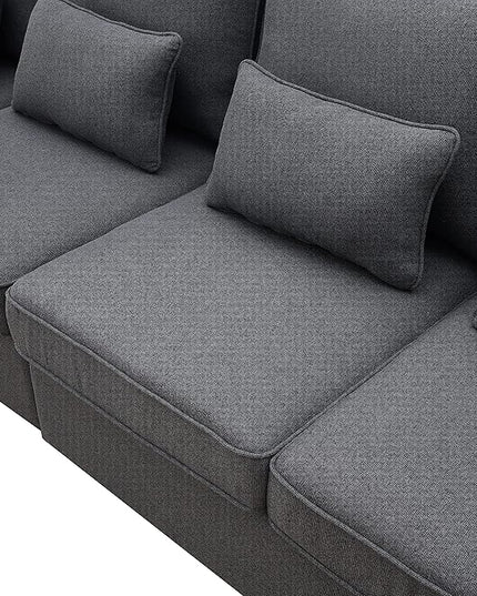 Modern Linen Fabric Sectional Sofa with Armrest Pockets and 4 Pillows, Deep Thick Cushion, Minimalist Upholstered 4-Seat Comfy Couch for Living Room, Apartment, Office, 104inch, Dark Grey - LeafyLoom