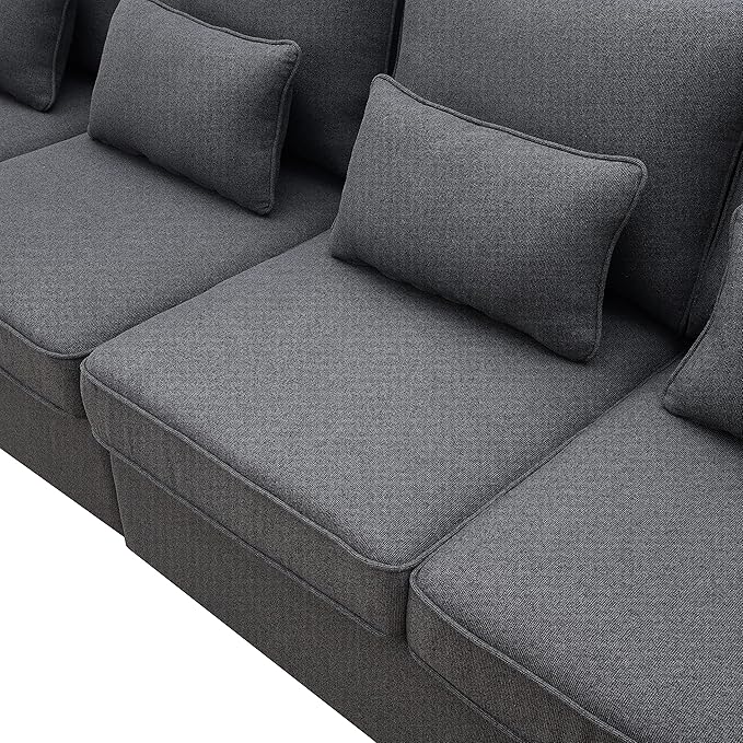 Modern Linen Fabric Sectional Sofa with Armrest Pockets and 4 Pillows, Deep Thick Cushion, Minimalist Upholstered 4-Seat Comfy Couch for Living Room, Apartment, Office, 104inch, Dark Grey - LeafyLoom