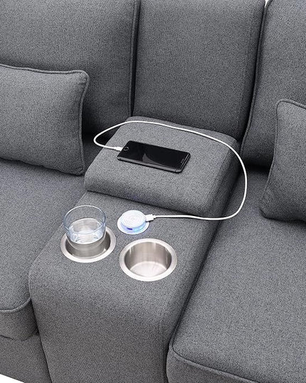 114" Modern Sofa, 4-seat Couch with Console, 2 Cupholders and 2 USB Ports Wired or Wirelessly Charged and 4 Pillows for Living Room, Apartment, 114.2inch, Dark Gray - LeafyLoom