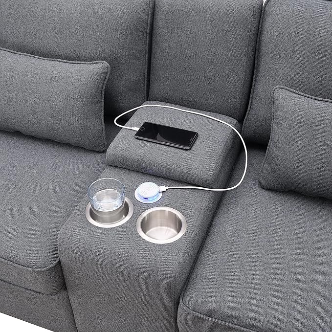 114" Modern Sofa, 4-seat Couch with Console, 2 Cupholders and 2 USB Ports Wired or Wirelessly Charged and 4 Pillows for Living Room, Apartment, 114.2inch, Dark Gray - LeafyLoom
