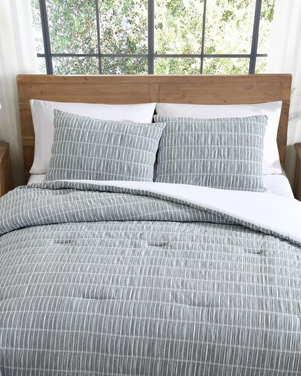 King 100% Cotton Comforter Set | Ivy Denim Blue Puckered Striped Down Alternative Comforter | All Season, Linen-Like, Textured 3 Piece Bedding Comforter Set (King, Ivy Denim Blue) VintageComfort