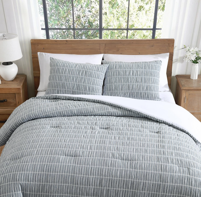 King 100% Cotton Comforter Set | Ivy Denim Blue Puckered Striped Down Alternative Comforter | All Season, Linen-Like, Textured 3 Piece Bedding Comforter Set (King, Ivy Denim Blue) VintageComfort