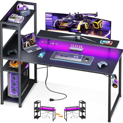 Gaming Desk with Power Outlets & Music Strip Lights,47In Reversible Computer Desk with Storages Shelves,Wooden Drawer& CPU Stand, PC Laptop Table with Large Monitor Stand for Home Office TREETALK