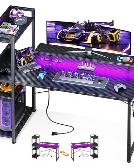 Gaming Desk with Power Outlets & Music Strip Lights,47In Reversible Computer Desk with Storages Shelves,Wooden Drawer& CPU Stand, PC Laptop Table with Large Monitor Stand for Home Office TREETALK