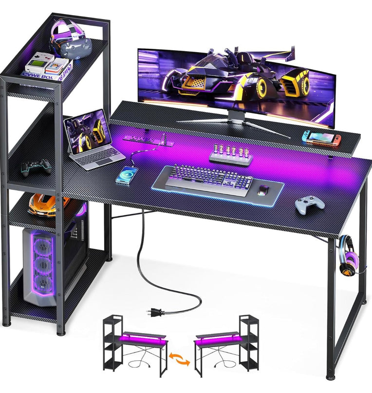 Gaming Desk with Power Outlets & Music Strip Lights,47In Reversible Computer Desk with Storages Shelves,Wooden Drawer& CPU Stand, PC Laptop Table with Large Monitor Stand for Home Office TREETALK