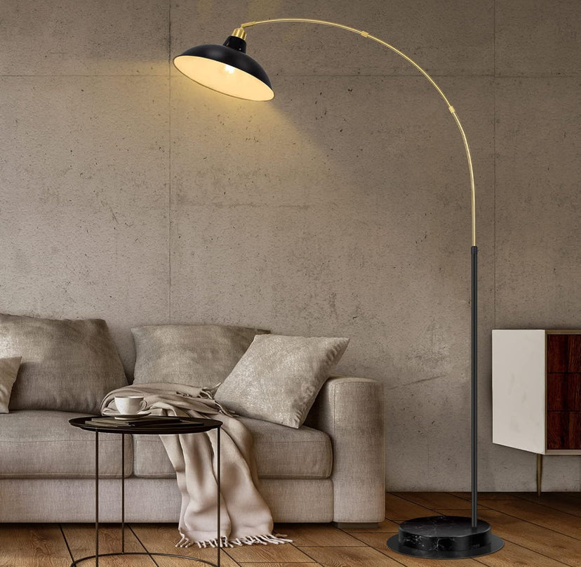 Arc Floor Lamp for Living Room, Marble Base Standing Lamp - Black Gold Floor Lamps with 360° Rotatable Arm, Industrial Tall Lamp Metal Material, Reading Lamp for Bedroom Couch Sofa Desk FILIYANO