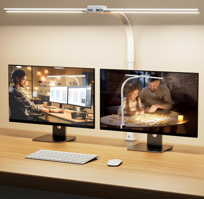 LED Desk Lamp for Home Office - Dimmable Computer Desk Light with Clamp, Modern Architect Task Lamp with Color Changing, Flexible Desktop Lamp with Gooseneck for Monitor, Double Head, White - LeafyLoom